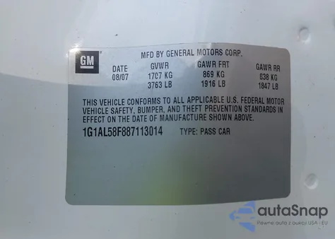 2008 Chevrolet Cobalt Lt z USA, uszkodzony, nr VIN 1G1AL58F887113014